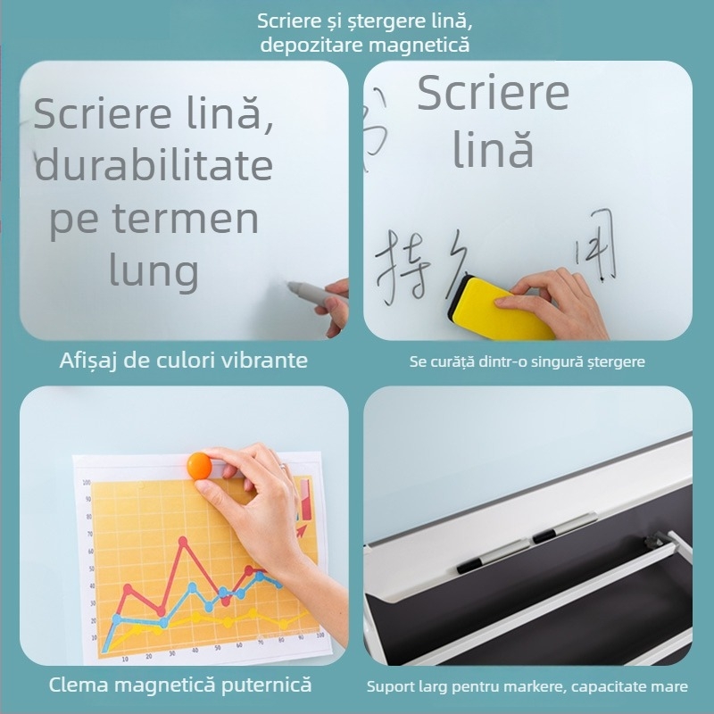 Tablă de scriere din sticlă securizată magnetică, cu suport pe roți – pentru casă, învățământ și birou