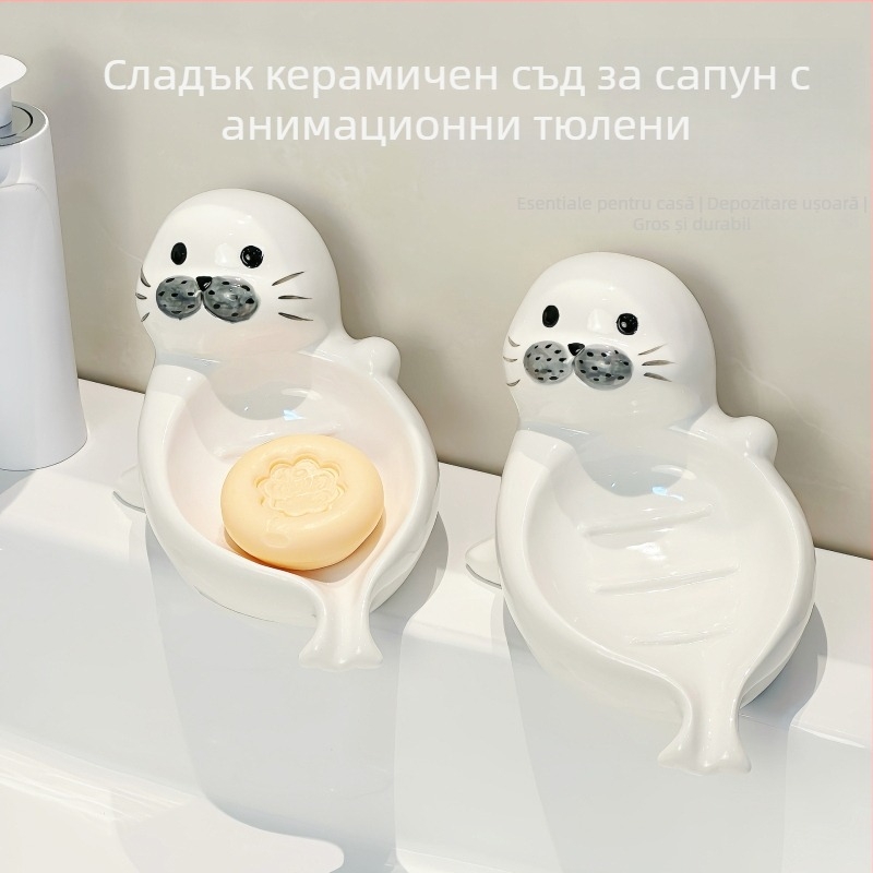 Sapunieră ceramică cu formă de leu de mare, pentru baie, fără găuri de montare