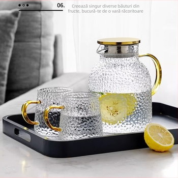 Ceainic pentru apă rece, lux discret, utilizare casnică, sticlă borosilicat transparentă, textură ciocan, capac parțial auriu, mare capacitate, rezistent la temperaturi ridicate