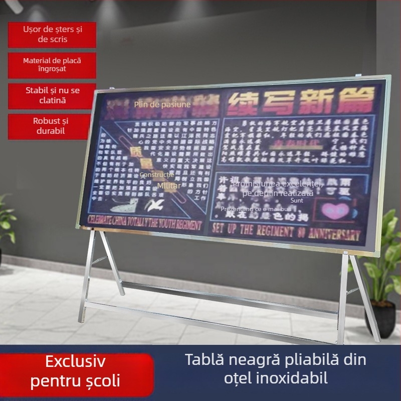 Tabla neagră mobilă cu suport din oțel inoxidabil, tablă de scris verticală pliabilă pentru predare, instruire, școli și uz militar