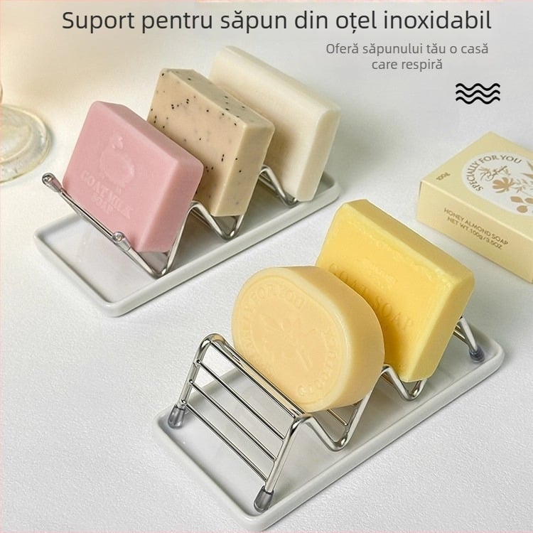 Suport pentru săpun din oțel inoxidabil, raft de depozitare pentru săpun cu tavă de drenaj pentru blat de baie