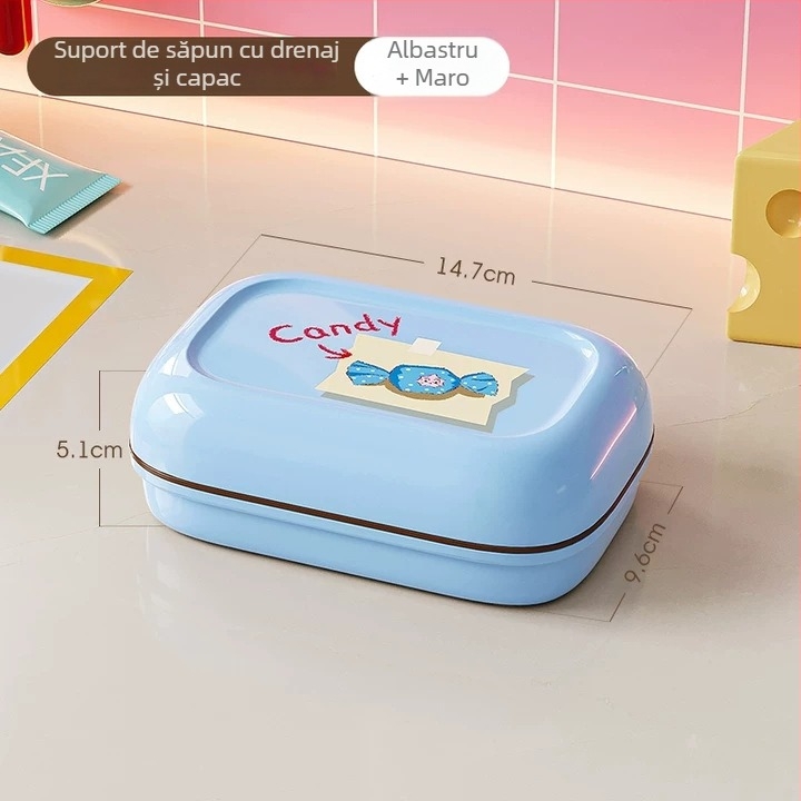 Suport dublu de săpun cu scurgere și capac, pentru uz casnic și cămin studențesc, design desen animat, corp întărit pentru baie