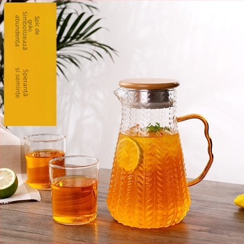 Ceainic din sticlă borosilicată pentru apă rece, cu model ciocan în formă de spic de grâu, și cană Nordic din sticlă