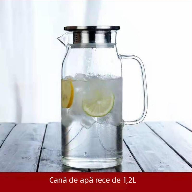 Ceainic din sticlă borosilicată rezistentă la căldură, cu filtru, capacitate mare pentru sucuri și băuturi reci