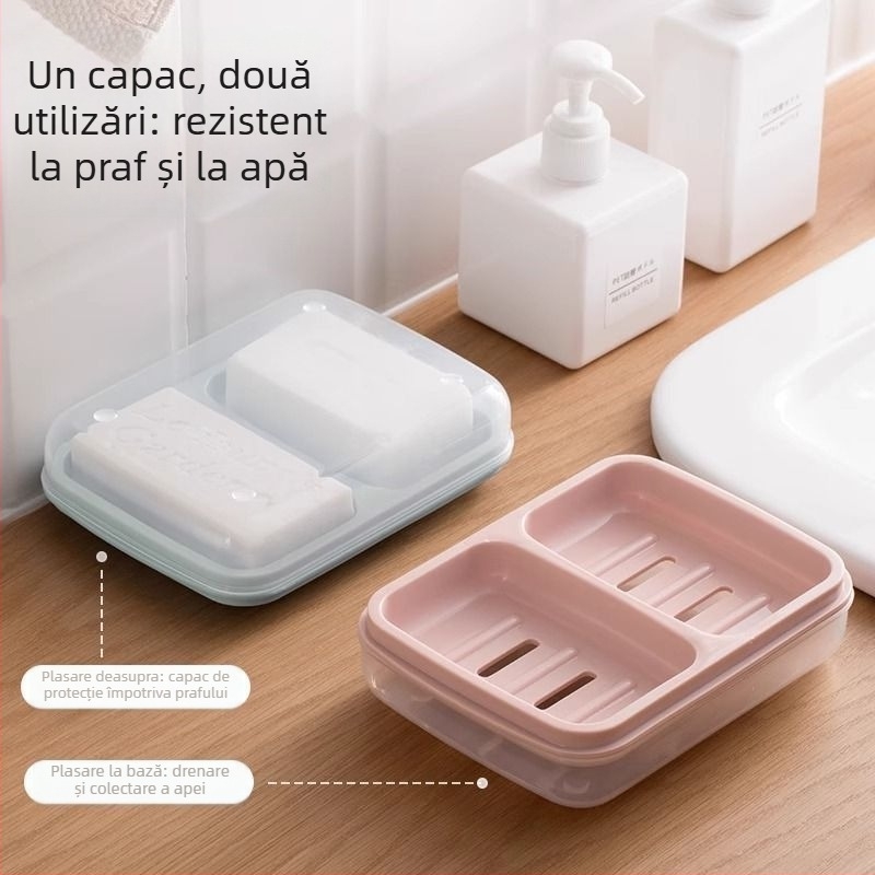 Suport pentru săpun cu două compartimente, cu drenaj integrat și capac, pentru cămin studențesc