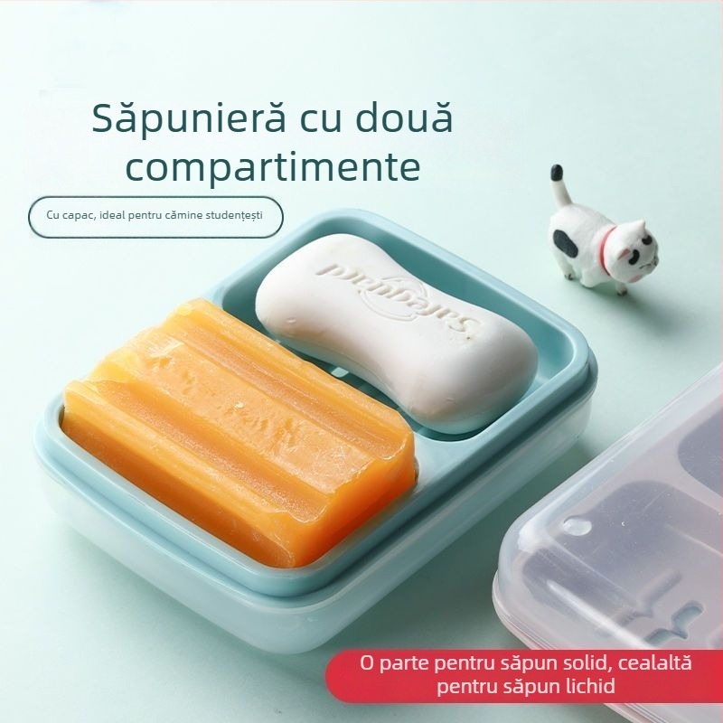 Suport pentru săpun cu două compartimente, cu drenaj integrat și capac, pentru cămin studențesc
