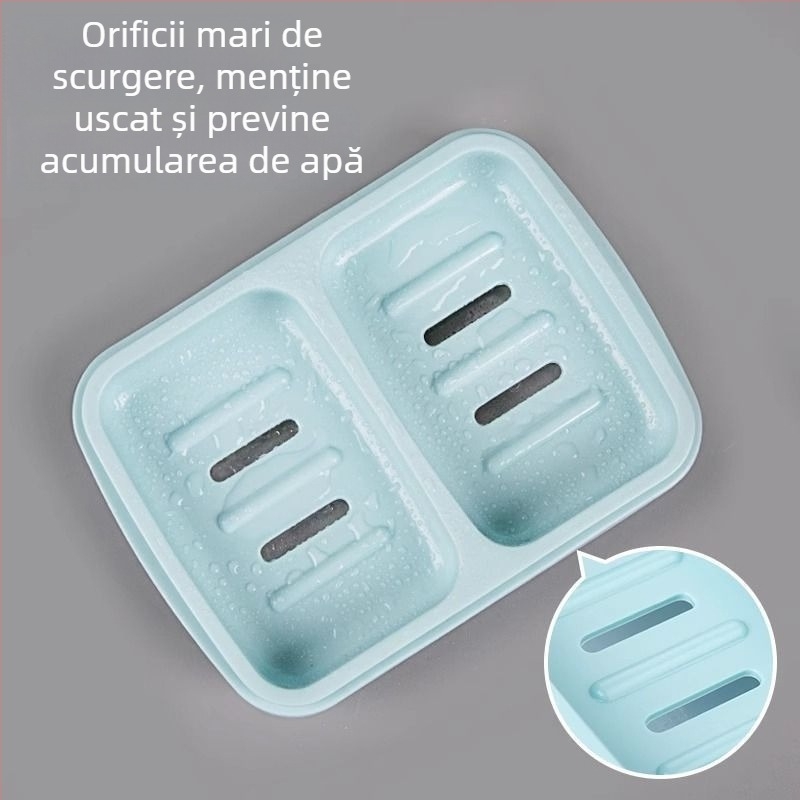 Suport pentru săpun cu două compartimente, cu drenaj integrat și capac, pentru cămin studențesc