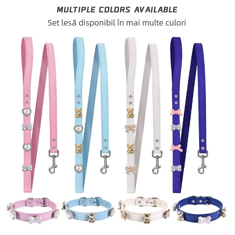 Set lesă și zgardă pentru câini de mărime medie și mare, compatibil cu corgi și rase mici, din poliester.