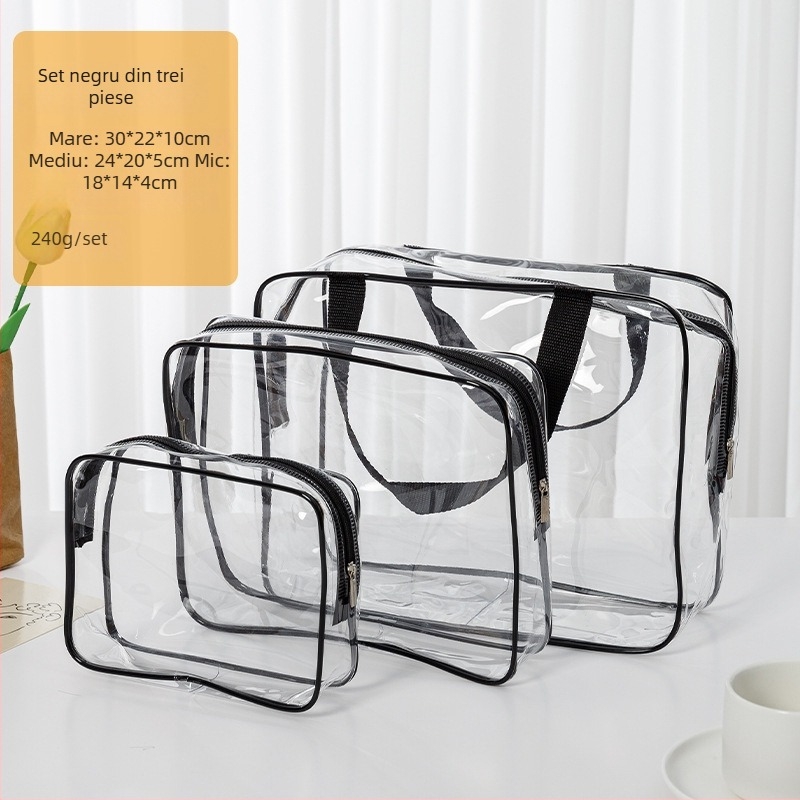 Geantă de toaletă din PVC, capacitate mare, impermeabilă, transparentă, geantă cosmetică multifuncțională, set de trei piese, portabilă
