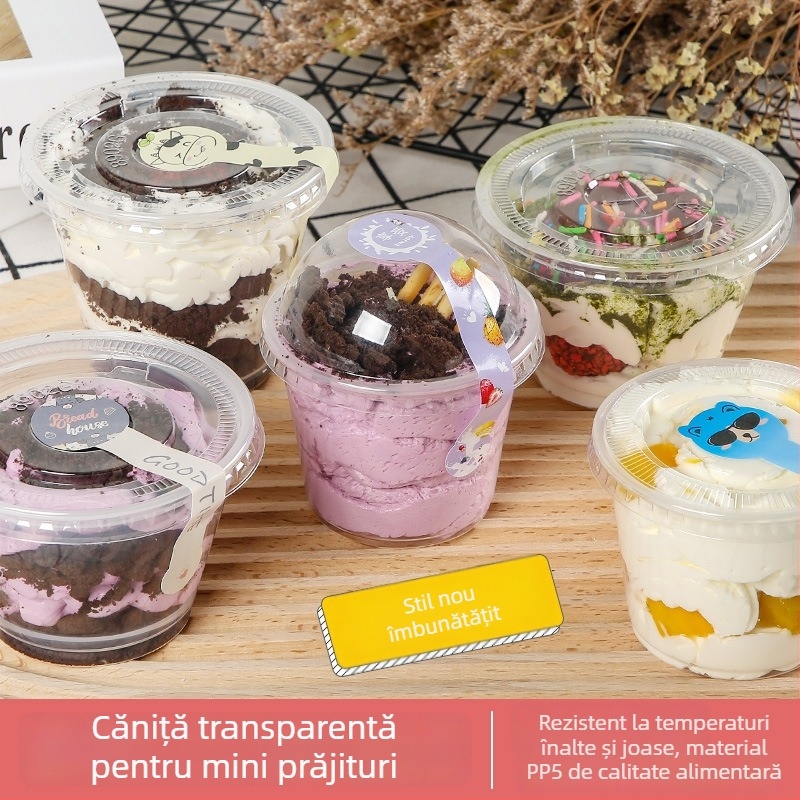 Cupe de desert mini, de unică folosință, în cutie transparentă pentru tiramisu și budincă