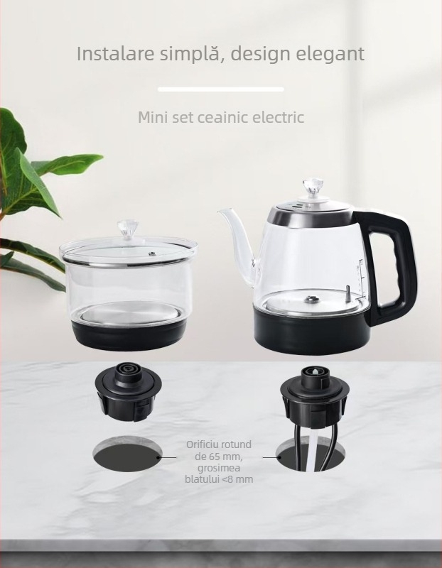 Set de ceai cu plită electrică încorporată, alimentare cu apă și ceainic din sticlă, masă de ceai din ardezie, set de ceai integrat