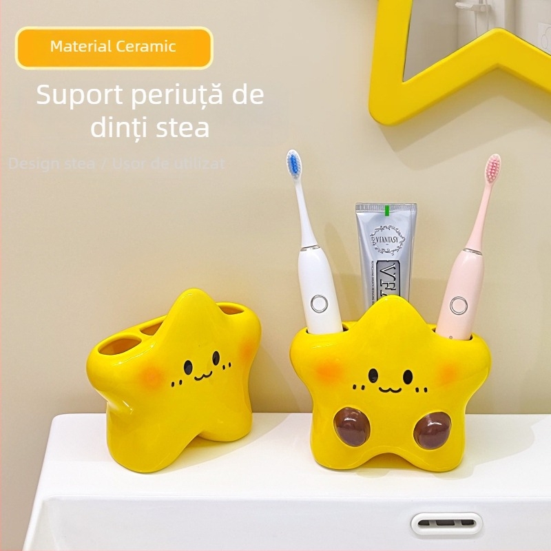Suport ceramic pentru periuțe de dinți, cu două compartimente în formă de stea, spațiu pentru pastă și periuțe, stil cuplu