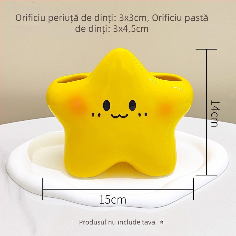 Suport ceramic pentru periuțe de dinți, cu două compartimente în formă de stea, spațiu pentru pastă și periuțe, stil cuplu