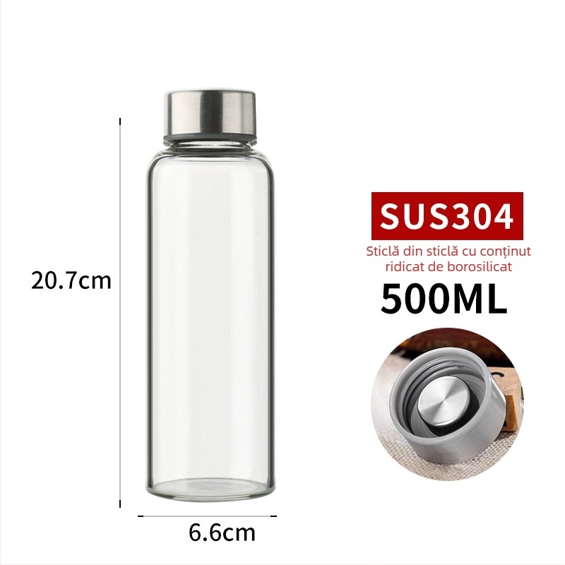 Sticlă din borosilicat de înaltă calitate, corp transparent, capac din oțel inoxidabil, pentru infuzare, portabilă (300–1000 ml)