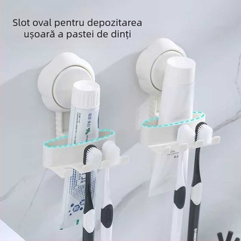 Suport cu ventuză pentru pastă de dinți și periuțe de dinți, montaj pe perete în baie, 3 compartimente