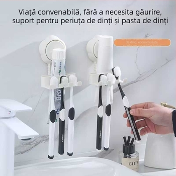 Suport cu ventuză pentru pastă de dinți și periuțe de dinți, montaj pe perete în baie, 3 compartimente
