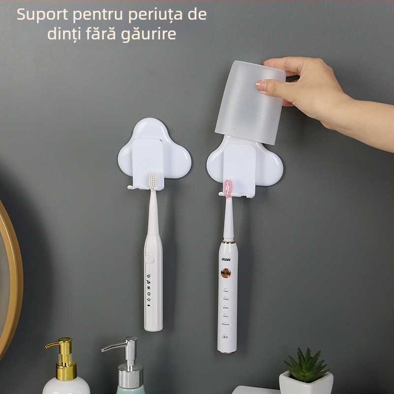 Suport pentru periuțe în formă de nor, montaj fără găuri, suport pentru periuța electrică cu loc pentru pahar, organizator creativ