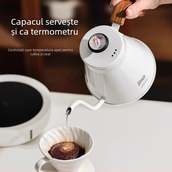 Bincoo Cana de cafea pentru infuzie manuală cu afișaj de temperatură, mâner din lemn solid, corp din oțel inoxidabil, gură lungă, fund compozit