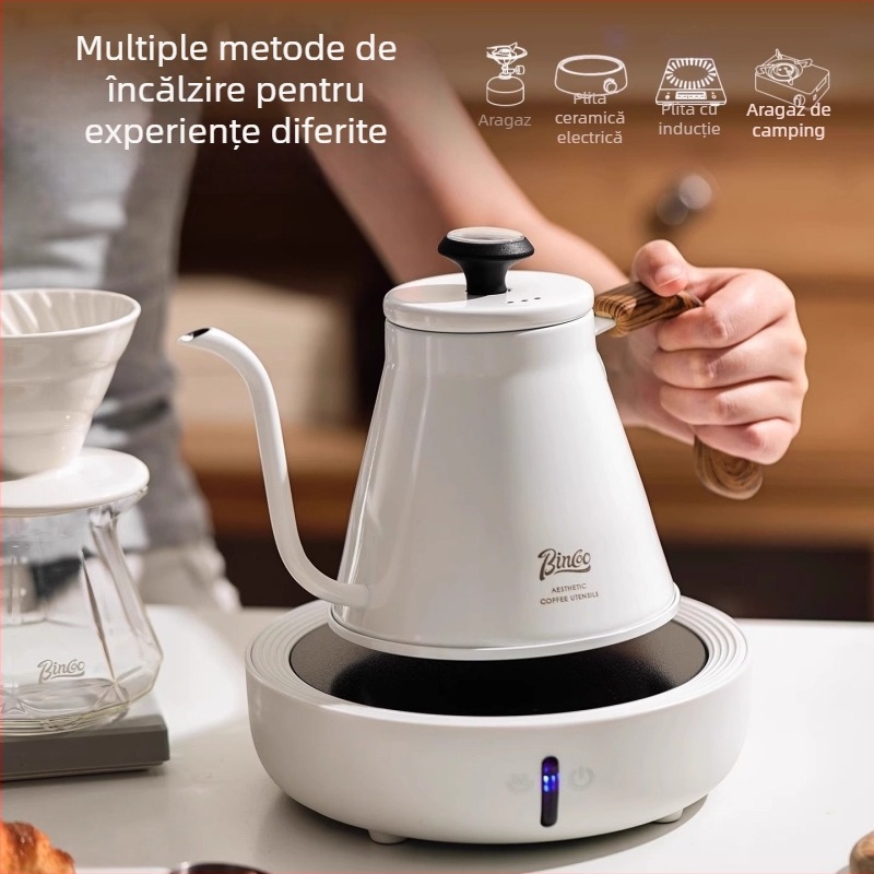Bincoo Cana de cafea pentru infuzie manuală cu afișaj de temperatură, mâner din lemn solid, corp din oțel inoxidabil, gură lungă, fund compozit