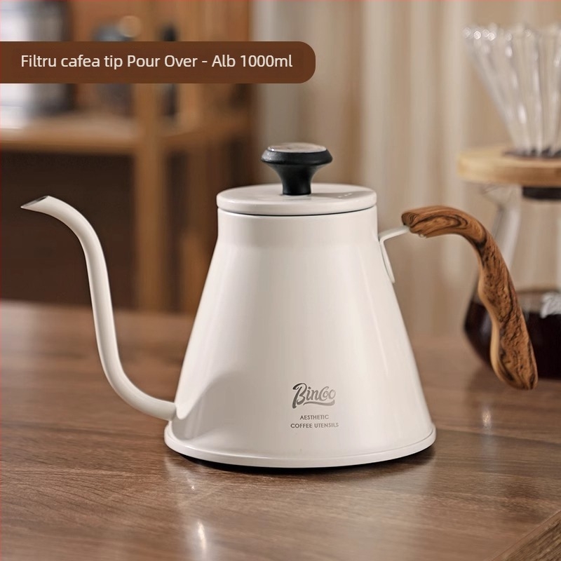 Bincoo Cana de cafea pentru infuzie manuală cu afișaj de temperatură, mâner din lemn solid, corp din oțel inoxidabil, gură lungă, fund compozit