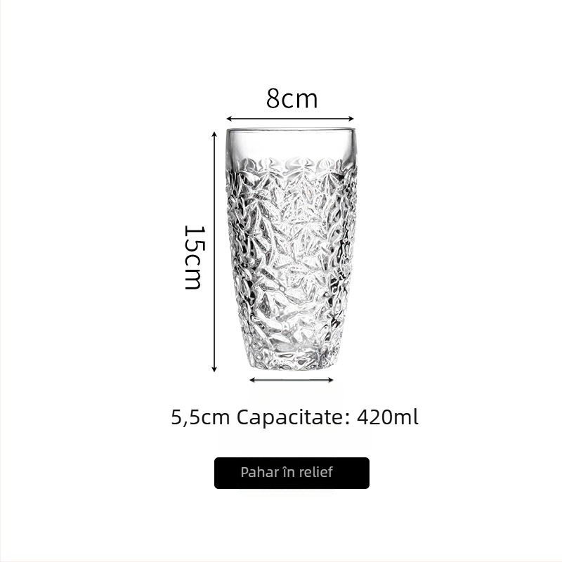 Pahar din sticlă retro cu gravură florală pentru iced latte, sucuri și cocktailuri