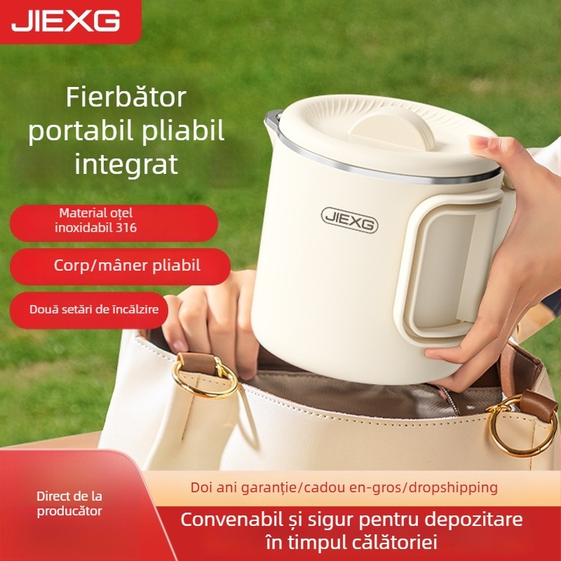 Ceainic electric pliabil, portabil, 0,8 L, 600 W, din oțel inoxidabil cu pereți dubli, întrerupere automată