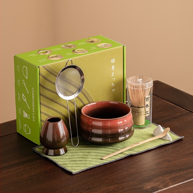 Set japonez pentru amestecarea matcha, cu glazură ceramică, șapte piese, ceai pentru latte de dimineață