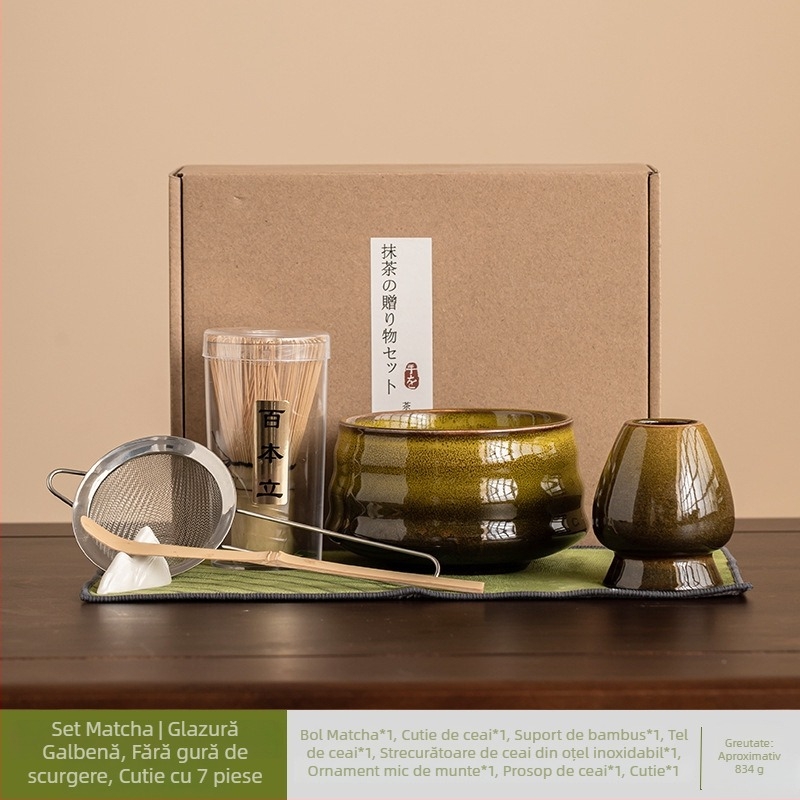 Set japonez pentru amestecarea matcha, cu glazură ceramică, șapte piese, ceai pentru latte de dimineață