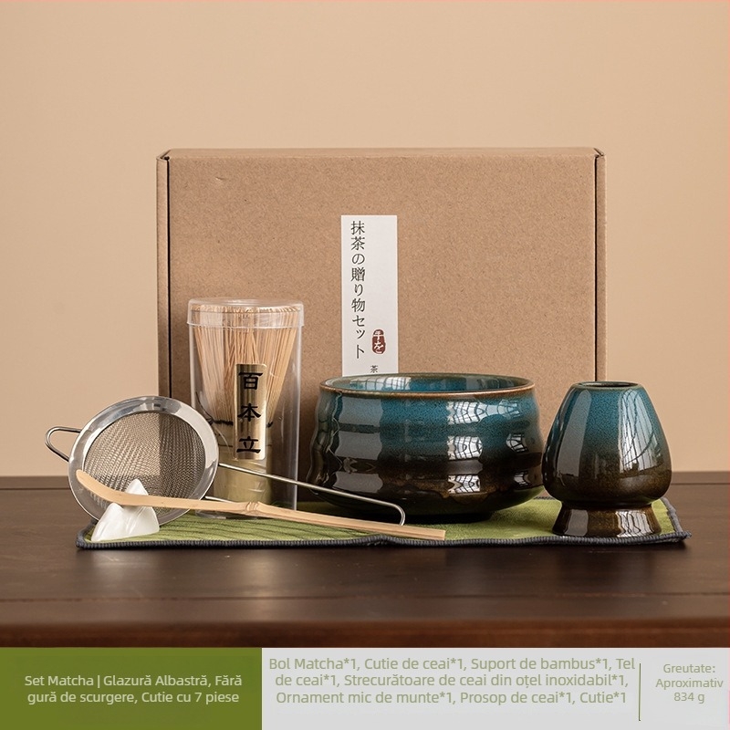 Set japonez pentru amestecarea matcha, cu glazură ceramică, șapte piese, ceai pentru latte de dimineață