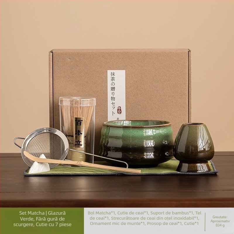 Set japonez pentru amestecarea matcha, cu glazură ceramică, șapte piese, ceai pentru latte de dimineață