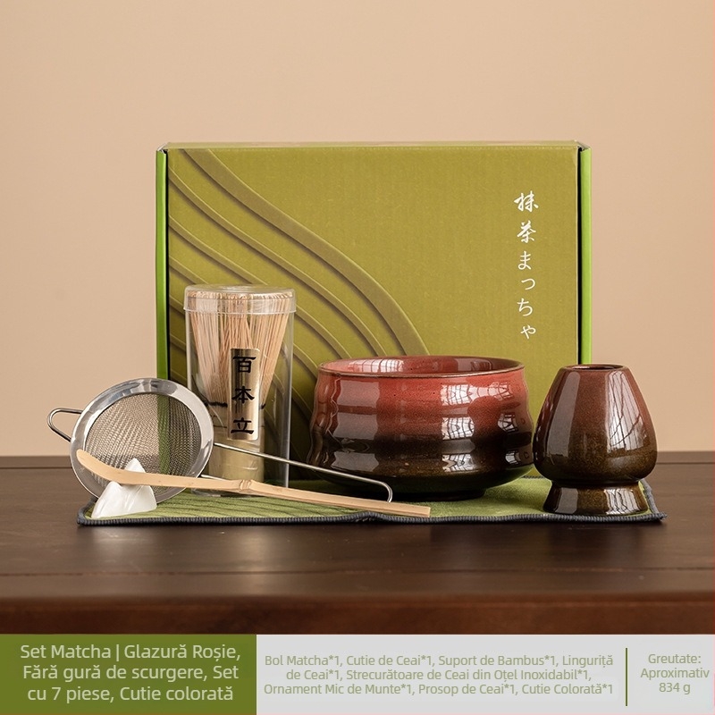 Set japonez pentru amestecarea matcha, cu glazură ceramică, șapte piese, ceai pentru latte de dimineață