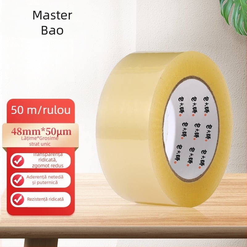 Master Bao Bandă de ambalare transparentă, 48 mm × 50 m, adeziv pe bază de apă