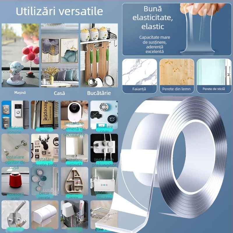 Bandă dublu-adezivă nano din acril, transparentă, cu aderență puternică, lavabilă, fără reziduuri, VHB