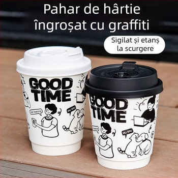 Pahar din hârtie pentru băuturi calde, 301–400 ml, cu capac, pentru cafea și ceai cu lapte, design graffiti pictat manual