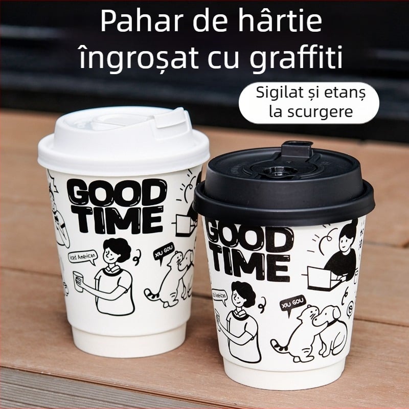 Pahar din hârtie pentru băuturi calde, 301–400 ml, cu capac, pentru cafea și ceai cu lapte, design graffiti pictat manual