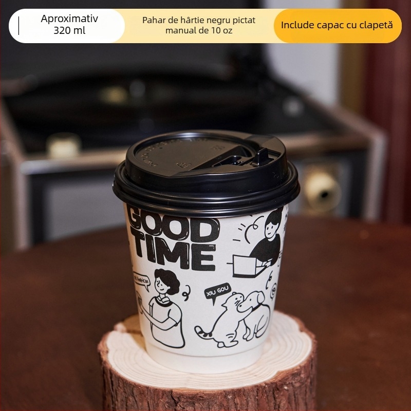 Pahar din hârtie pentru băuturi calde, 301–400 ml, cu capac, pentru cafea și ceai cu lapte, design graffiti pictat manual