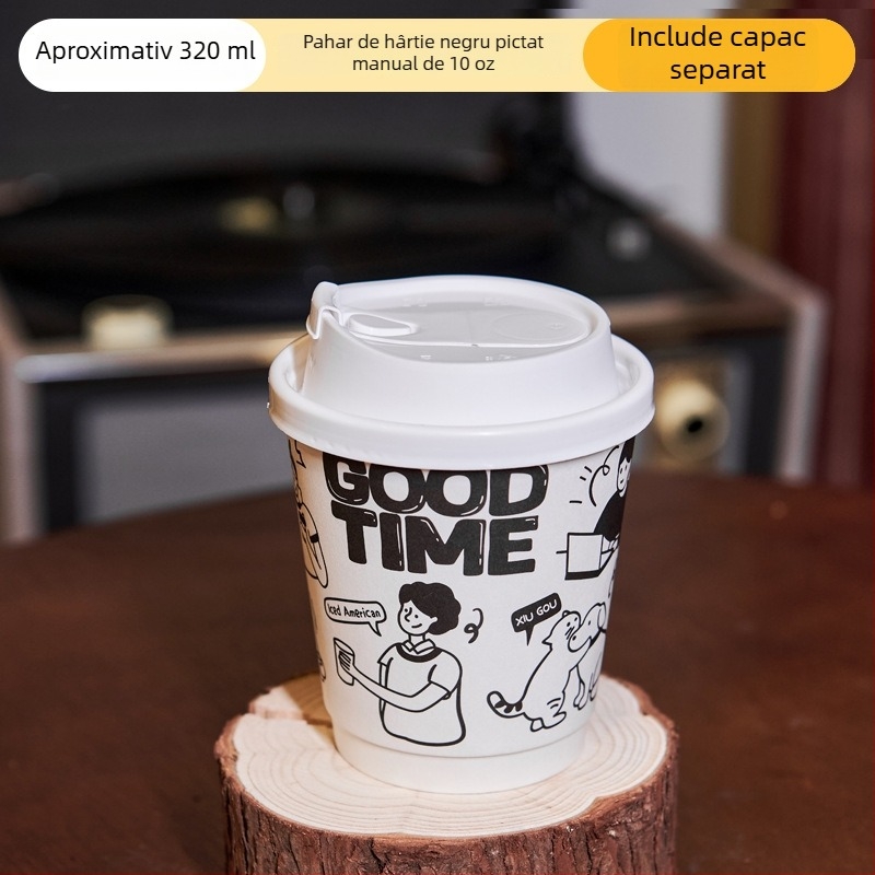 Pahar din hârtie pentru băuturi calde, 301–400 ml, cu capac, pentru cafea și ceai cu lapte, design graffiti pictat manual