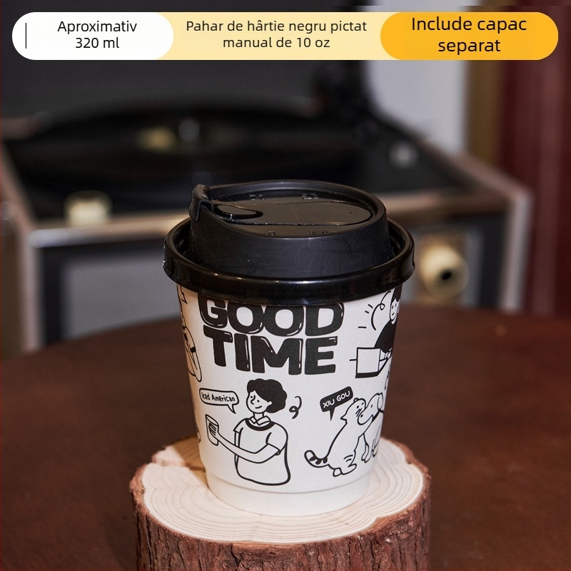 Pahar din hârtie pentru băuturi calde, 301–400 ml, cu capac, pentru cafea și ceai cu lapte, design graffiti pictat manual