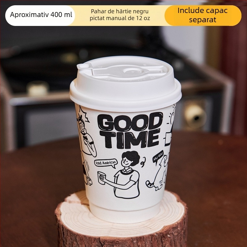 Pahar din hârtie pentru băuturi calde, 301–400 ml, cu capac, pentru cafea și ceai cu lapte, design graffiti pictat manual