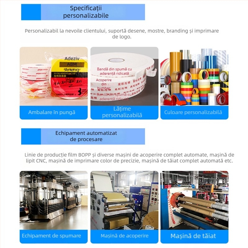 Bandă dublu adezivă din burete cu aderență ridicată pentru montaj panouri publicitare, compatibilă cu KT plăci și panouri din aluminiu-plastic, rame foto
