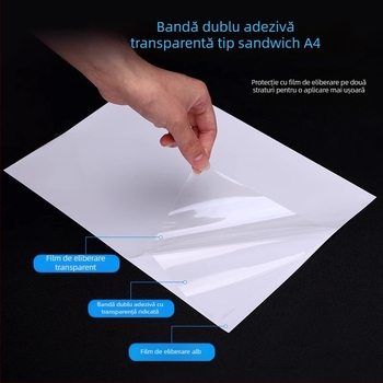 Bandă adezivă PET dublu față, foaie mare A4, ultra-transparentă, cu vâscozitate înaltă, ultra-subțire, incoloră și rezistentă la apă, pentru proiecte DIY, etichetă pentru frigider, bandă adezivă acrilică