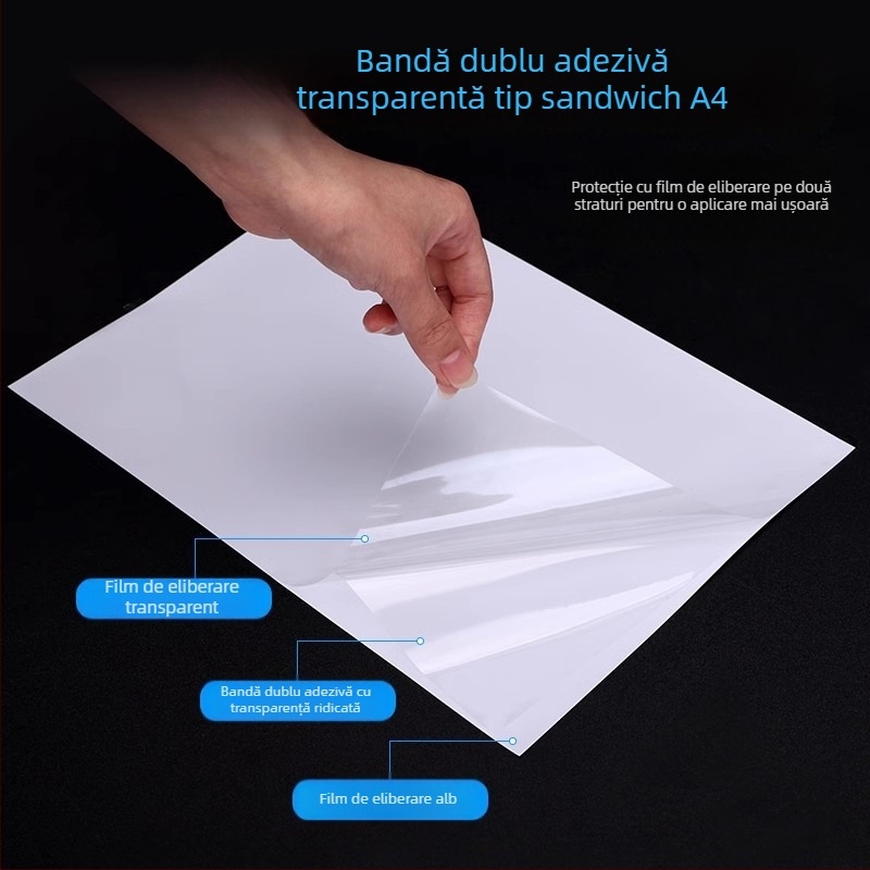 Bandă adezivă PET dublu față, foaie mare A4, ultra-transparentă, cu vâscozitate înaltă, ultra-subțire, incoloră și rezistentă la apă, pentru proiecte DIY, etichetă pentru frigider, bandă adezivă acrilică
