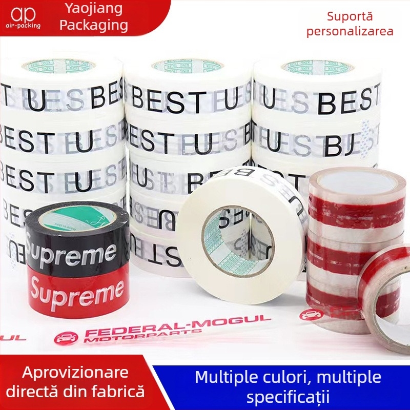 Bandă transparentă de sigilare, rola mare cu imprimare pe fond alb pentru ambalarea coletelor