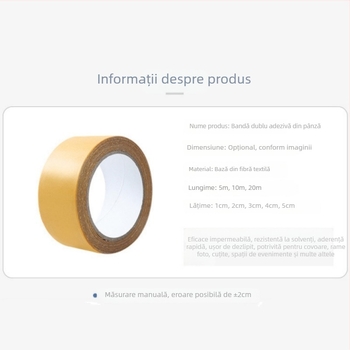 Bandă dublu adezivă cu bază textilă pentru îmbinarea covoarelor și a podelelor din vinil, plasă galbenă transparentă, rezistentă la apă, aderență înaltă, fără reziduuri