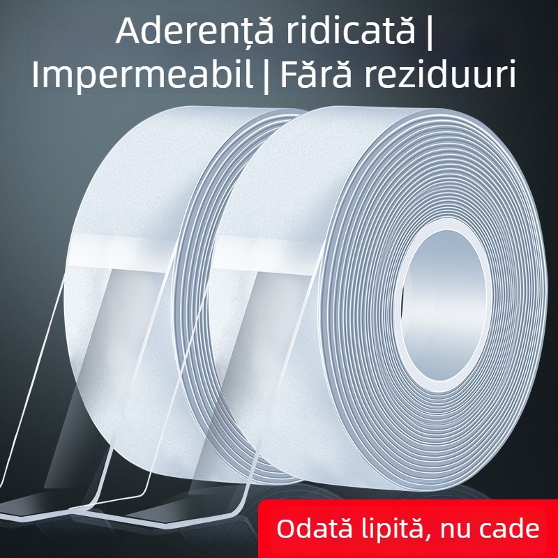 Bandă dublu adezivă din nano, acrilică, transparentă, rezistentă la apă, fără reziduuri, rezistentă la temperaturi înalte, lavabilă și reutilizabilă