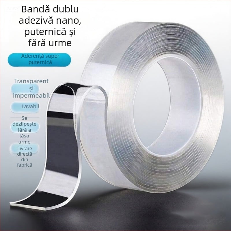 Bandă dublu-adezivă nano, transparentă, cu vâscozitate foarte mare, lavabilă și reutilizabilă, adeziv acrilic