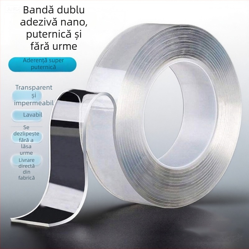 Bandă dublu-adezivă nano, transparentă, cu vâscozitate foarte mare, lavabilă și reutilizabilă, adeziv acrilic