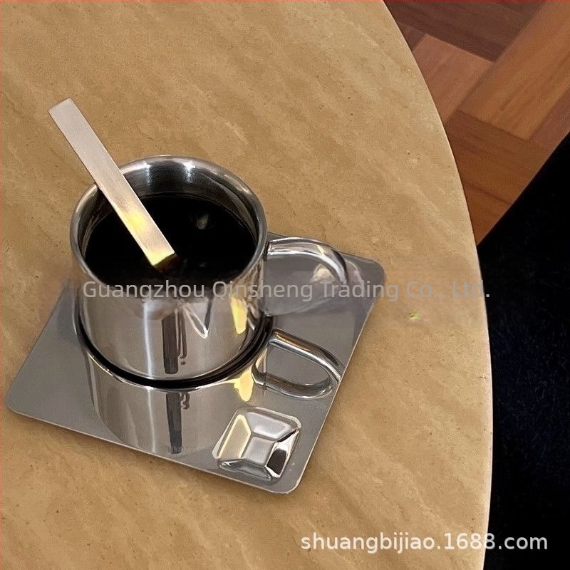 Set de trei căni de cafea, oțel inoxidabil 304, pereți dubli, cu lingură și farfuriu, pentru ceai cu lapte