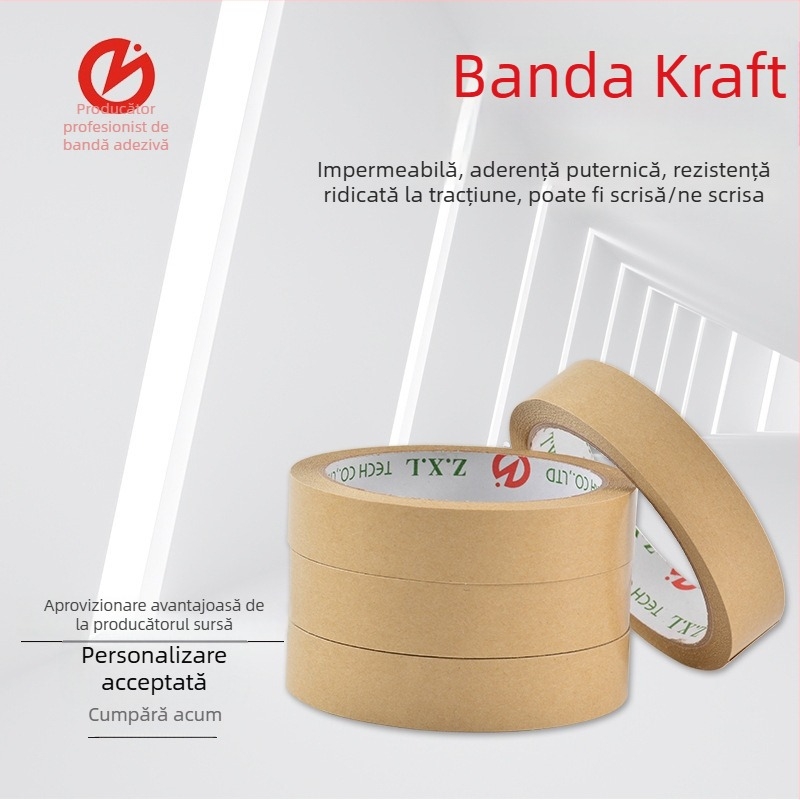 Bandă din hârtie kraft, rezistentă la abraziune și la temperaturi ridicate, cu aderență ridicată, ruptă cu mâna și scrisă pe ea, pentru sigilare și ambalare, cu posibilitatea personalizării cu logo