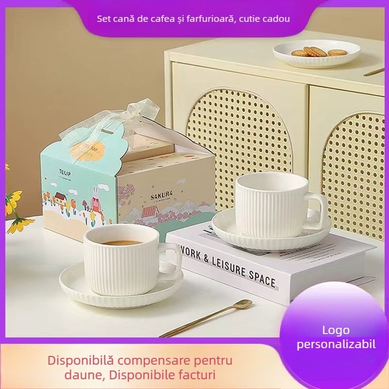 Set ceramic pentru cafea, cu ceașcă, farfuriu și linguriță, în cutie cadou, imprimare logo disponibilă, potrivit pentru birou, casă și cafenea